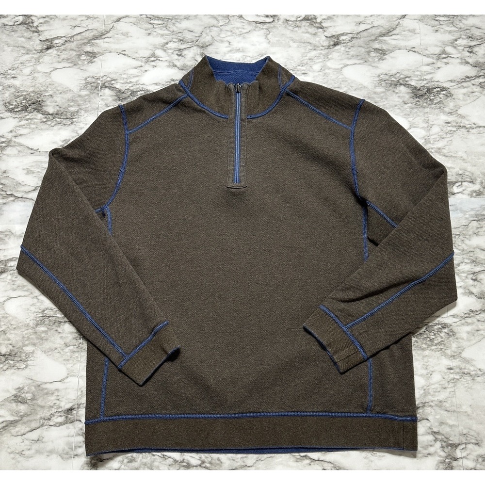 Tommy Bahama Men's Sweater L Blue Brown Long Sleeve 1/4 Zip Pullover Reversible - Picture 10 of 10